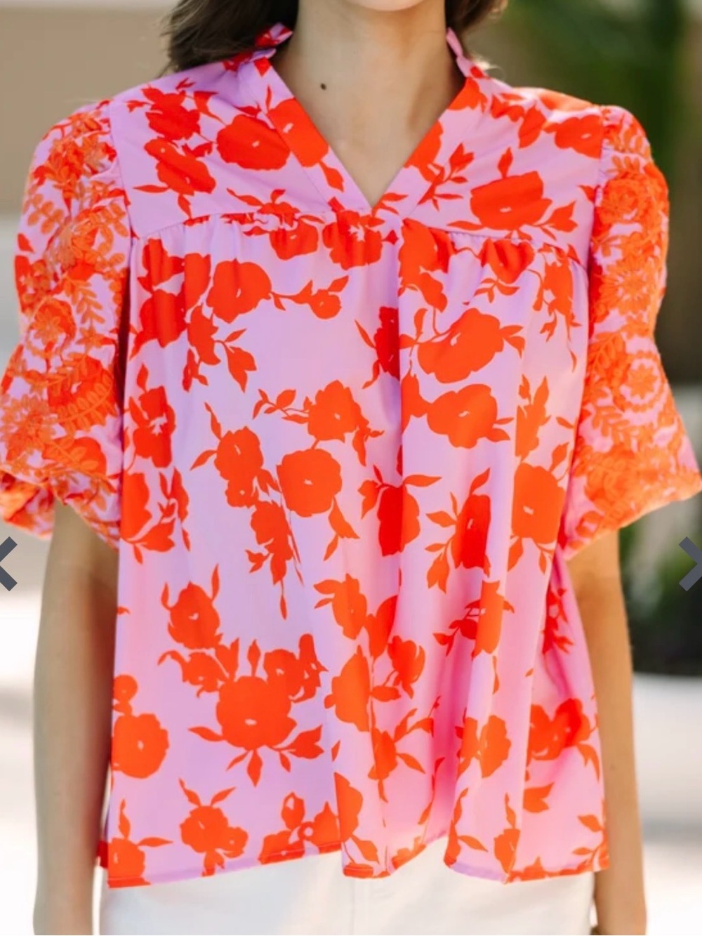 Umgee Pink Blouse with Bright Orange Floral Print